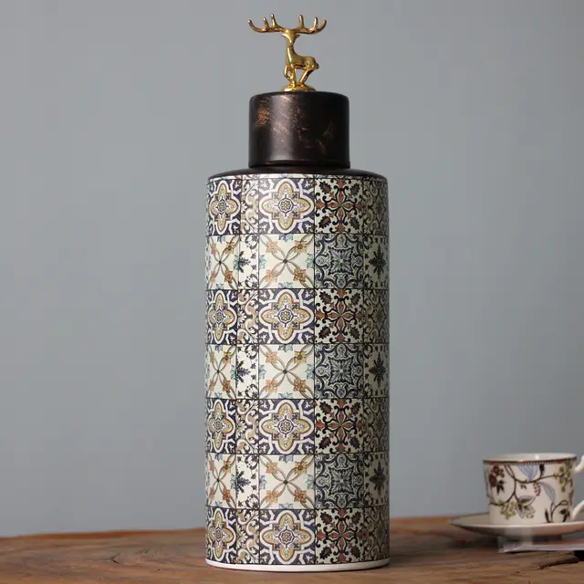 Light Luxury Geometric Pattern Storage Ceramic Storage Jar With Lid Deer Neck Tank Large - Shop at LoveMi