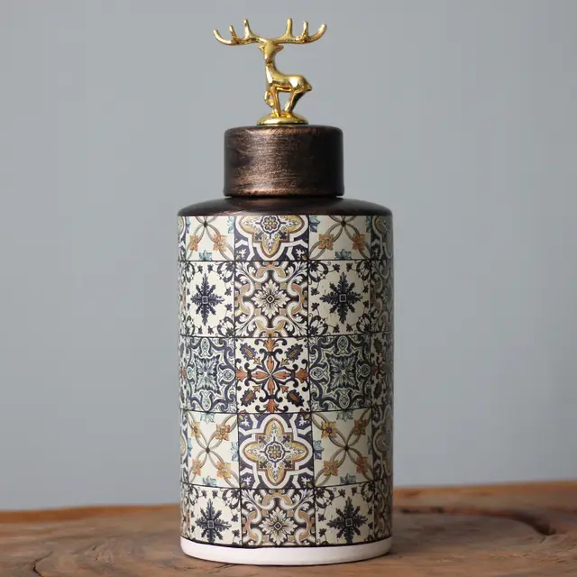 Light Luxury Geometric Pattern Storage Ceramic Storage Jar With Lid Deer Top Tank Trumpet - Shop at LoveMi