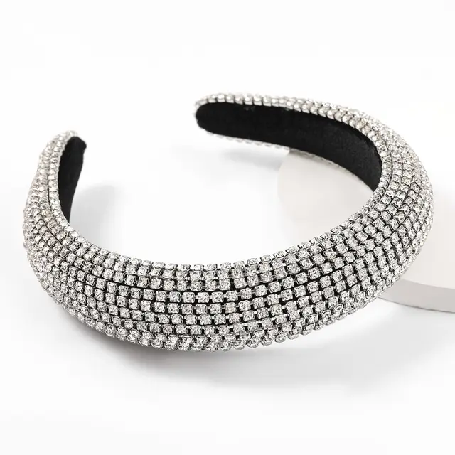 Diamond Rhinestone Super Flash Full Rhinestone Headband Womens Wide Brim Sponge Headband Hair Accessories Silver - Shop at LoveMi