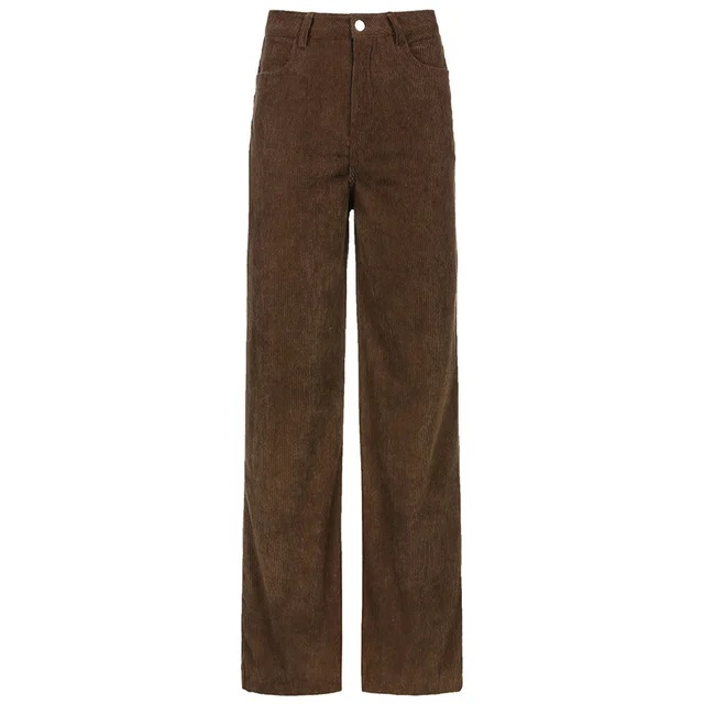 High Waist Slim Fit Corduroy Straight Leg Casual Pants Wide Leg Pants Brown - Shop at LoveMi