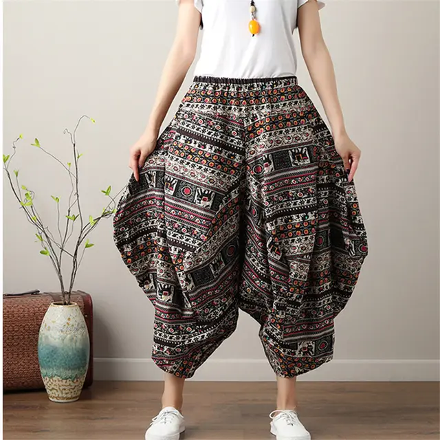 Folk Style Loose Cotton Linen Printing Elastic Waist Grey - Shop at LoveMi
