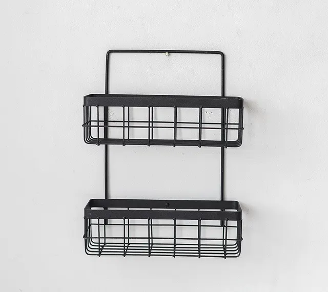 Nordic wrought iron kitchen bathroom wall hanging wall shelf free punching wall hanging storage basket dormitory hanging basket Black - Shop at LoveMi