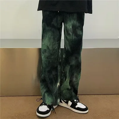 Ins Harajuku Tie Dye Aurora Corduroy Drawstring Trousers Green - Shop at LoveMi