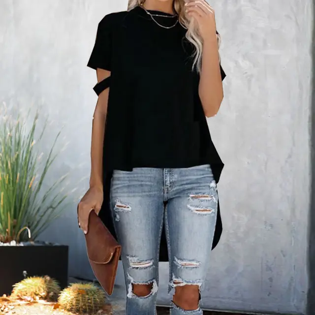 New Round Neck Loose Irregular Short Sleeved T Shirt Women Black - Shop at LoveMi