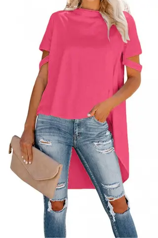 New Round Neck Loose Irregular Short Sleeved T Shirt Women - Pink