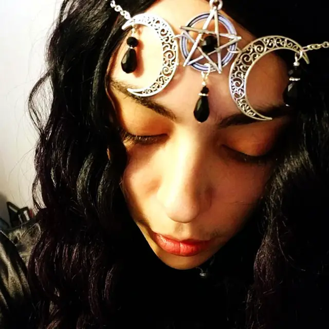 Posey Pentagram Head Chain Moon Natural Stone Hair Chain Black - Shop at LoveMi