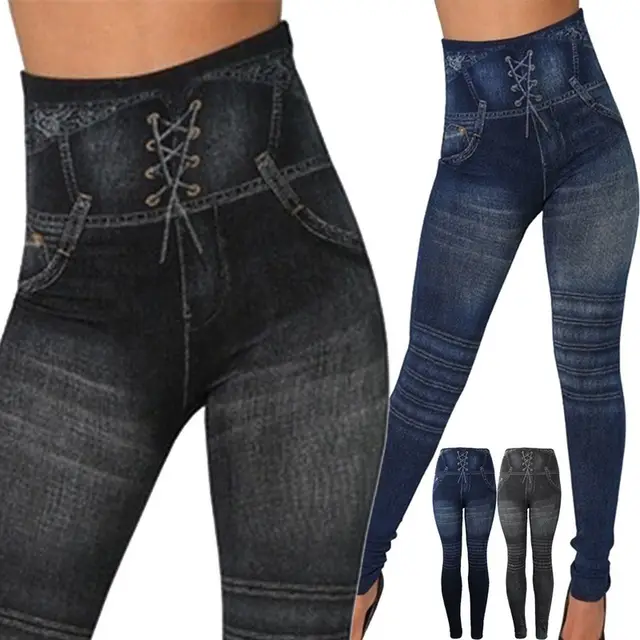 Seamless Imitation Of Jean Leggings For Women Black - Shop at LoveMi