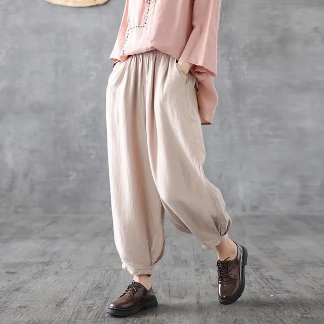 Cotton Knickerbockers Women Summer High Waist Loose Fat Apricot - Shop at LoveMi