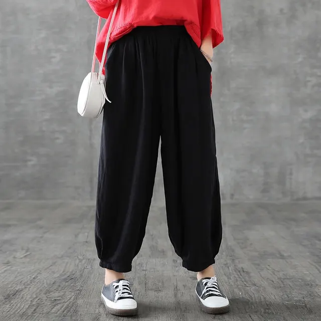 Cotton Knickerbockers Women Summer High Waist Loose Fat Black - Shop at LoveMi