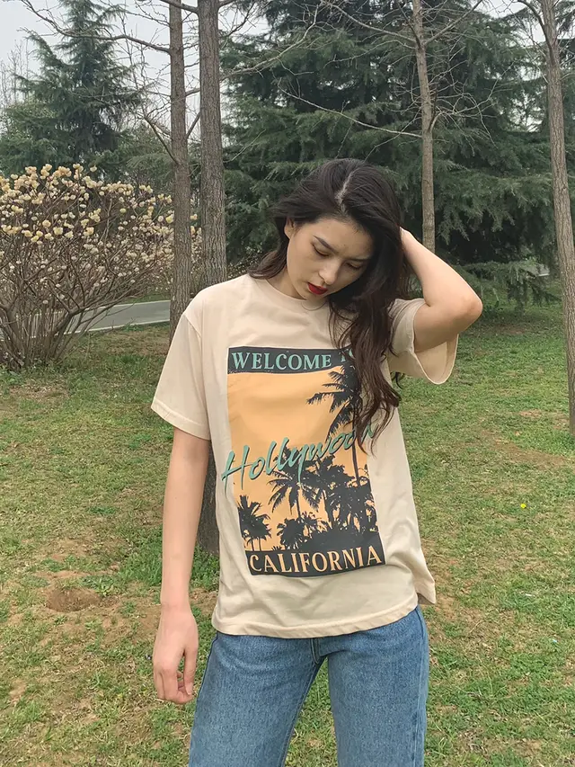 Retro Ins Contrast Letter Print Round Neck Short Sleeves Apricot - Shop at LoveMi