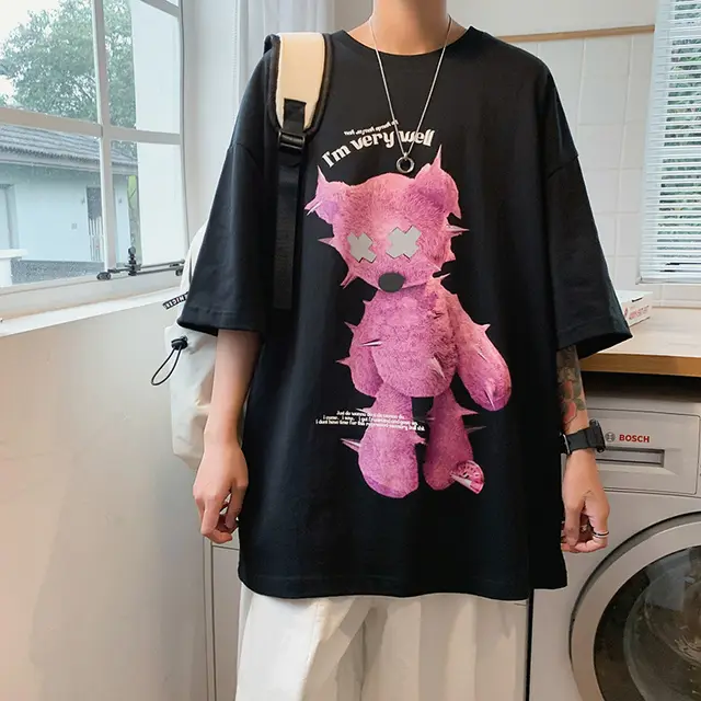 Cross Border Summer New Loose Personality Couples Print Short Sleeved T Shirt, Street Fashion Brand Style Spoof T Shirt Black - Shop at LoveMi
