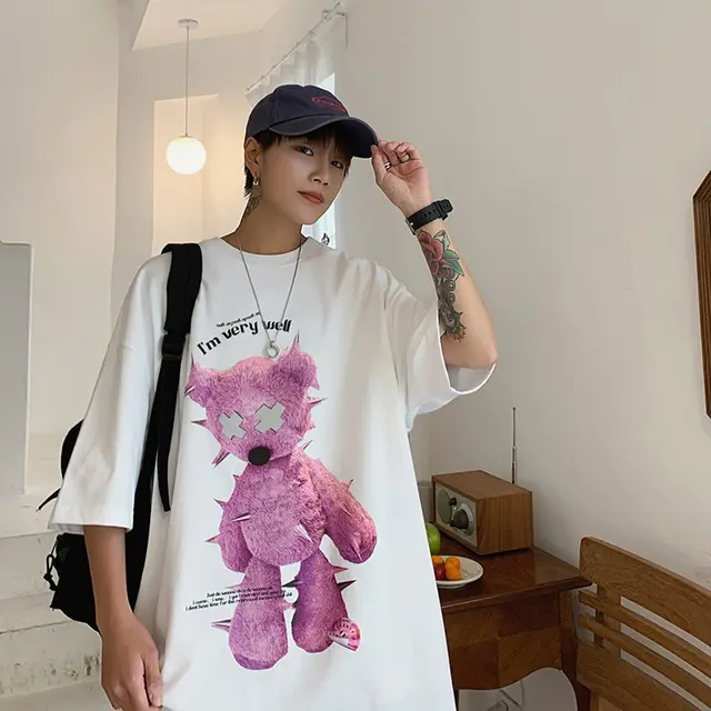 Cross Border Summer New Loose Personality Couples Print Short Sleeved T Shirt, Street Fashion Brand Style Spoof T Shirt White - Shop at LoveMi