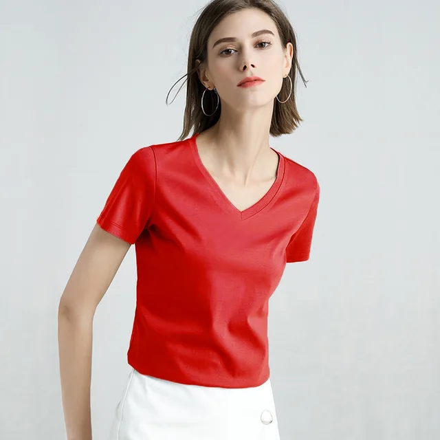 Mercerized Cotton Slim Solid Color Simple t Shirt China Red1 - Shop at LoveMi