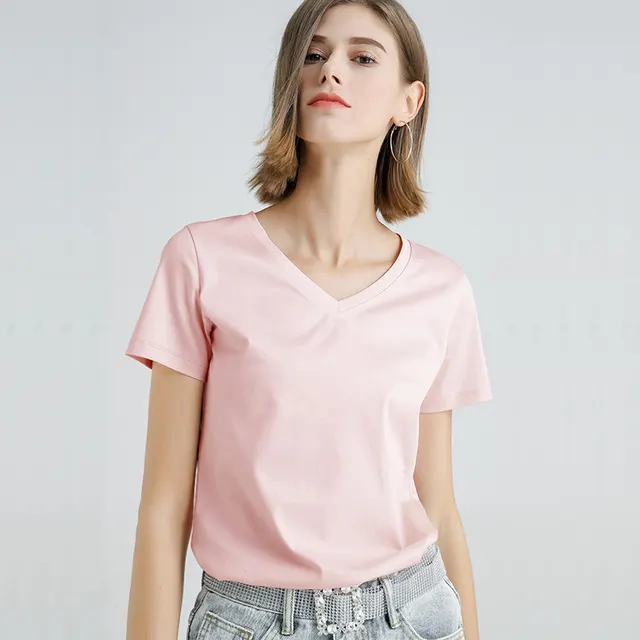 Mercerized Cotton Slim Solid Color Simple t Shirt Flower Season Powder1 - Shop at LoveMi