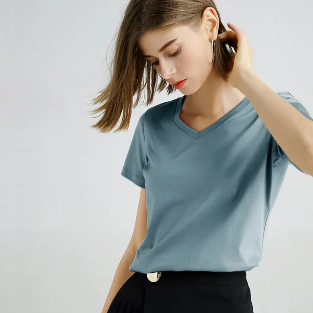 Mercerized Cotton Slim Solid Color Simple t Shirt Haze Blue1 - Shop at LoveMi