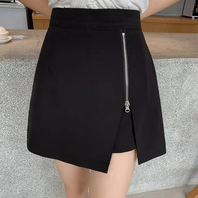 Irregular High Waist Hakama Female Summer New Side Zipper Slit OL Temperament Skirt Bag Hip A line Skirt Black - Shop at LoveMi