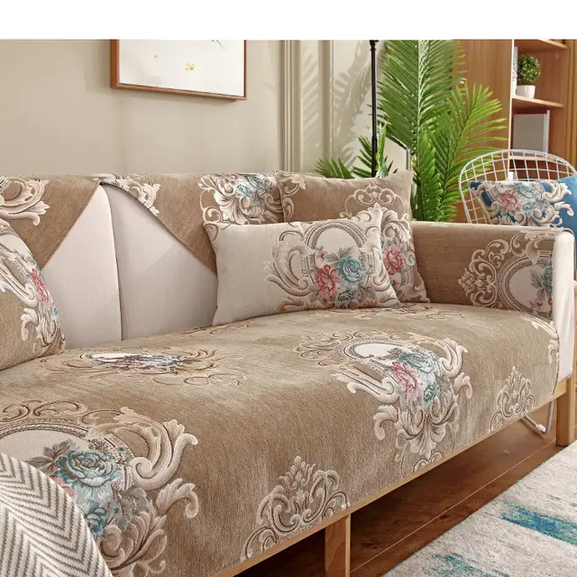 European Style Jacquard Chenille Sofa Cushion Four Seasons Universal Non Slip Solid Wood Cushion Coffee - Shop at LoveMi