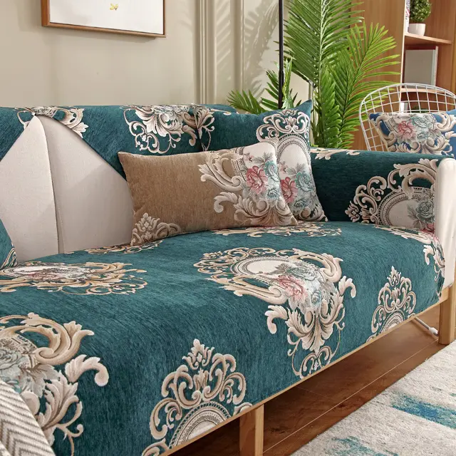 European Style Jacquard Chenille Sofa Cushion Four Seasons Universal Non Slip Solid Wood Cushion Dark Green - Shop at LoveMi