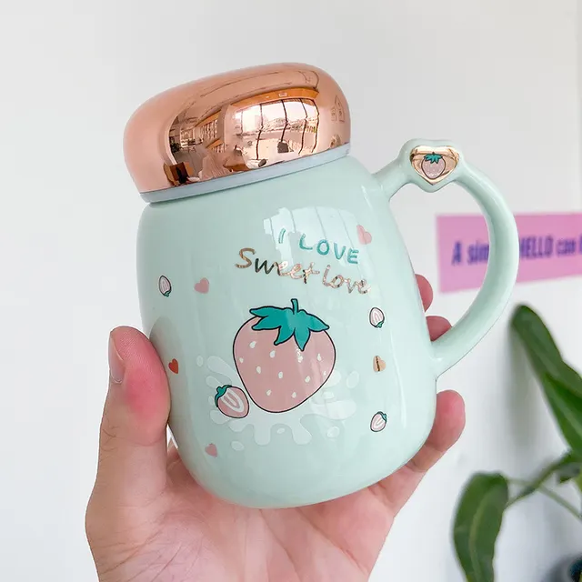 L Korean Cute Strawberry Ceramic Mug Mirror Cover Sealed Cups Green A - Shop at LoveMi