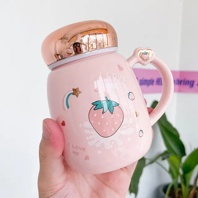 L Korean Cute Strawberry Ceramic Mug Mirror Cover Sealed Cups Pink A - Shop at LoveMi