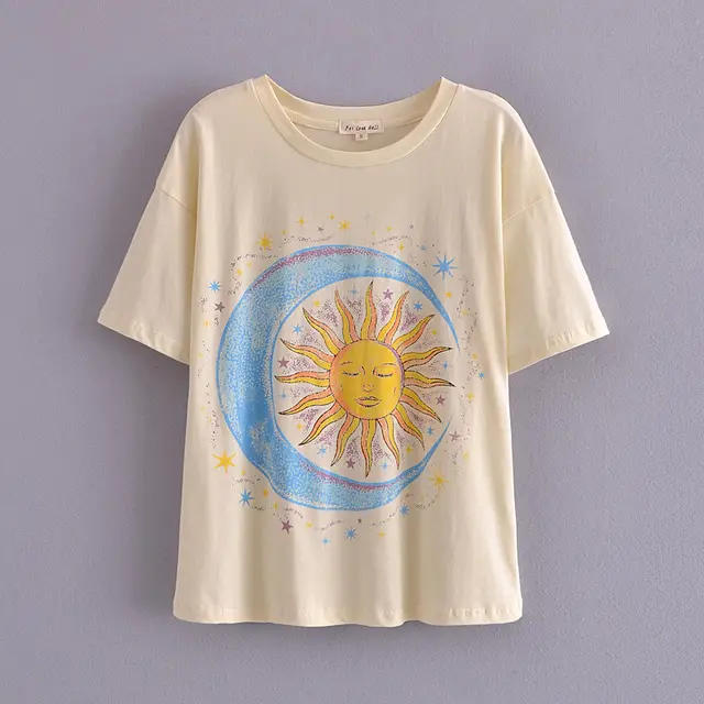 European And American Spring Women's New Beige Sun Moon Star Printed T shirt - Shop at LoveMi