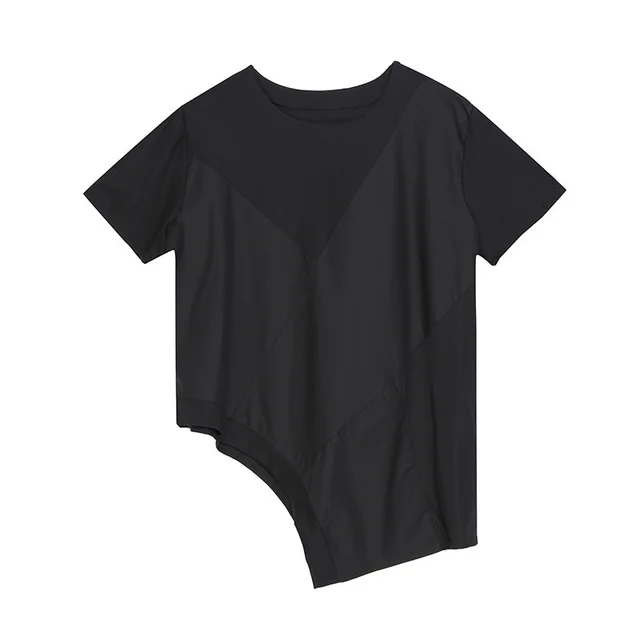 Real shot European and American summer women's T shirt dark tide asymmetric stitching thin short sleeved elastic loose T shirt Black - Shop at LoveMi