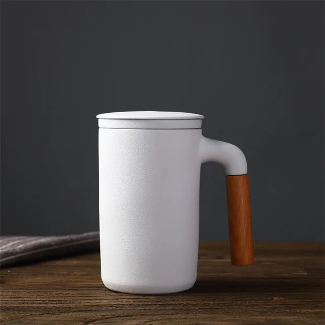 Ceramic Large Capacity Mug Custom Japanese Stoneware Office Cup Wooden Handle Gift Cup With Lid Tea Separation Matte White - Shop at LoveMi