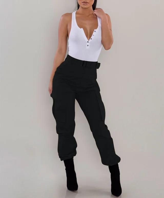 European And American Ladies Multi pocket Fashion Casual Slim fit Tight Overalls Black - Shop at LoveMi