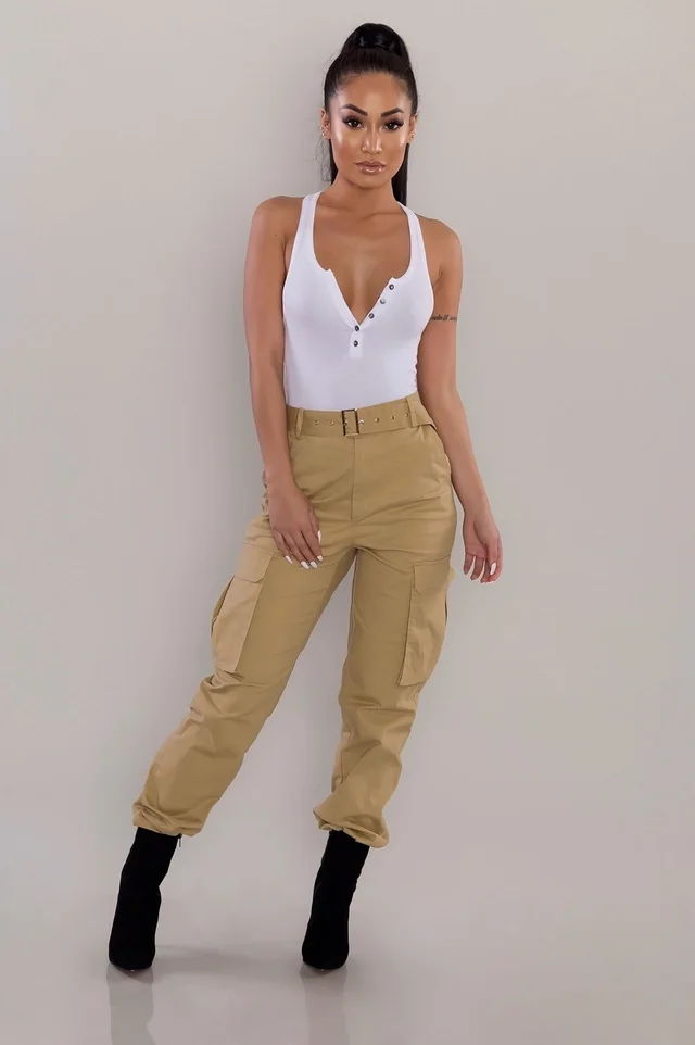 European And American Ladies Multi pocket Fashion Casual Slim fit Tight Overalls Khaki - Shop at LoveMi