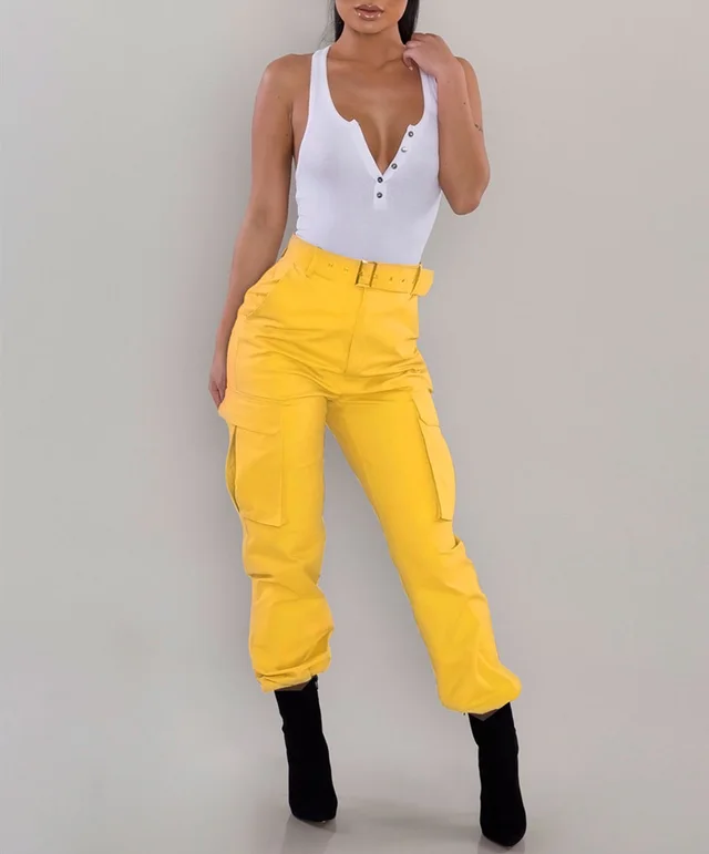 European And American Ladies Multi pocket Fashion Casual Slim fit Tight Overalls Yellow - Shop at LoveMi