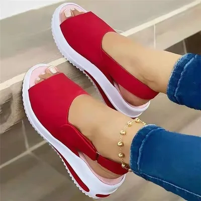 Fish Mouth Sandal Female One Word Buckle Thick Base Wedge Heel Cool Red - Shop at LoveMi