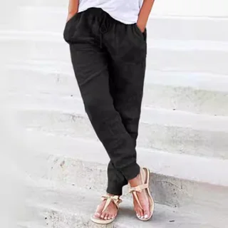 Loose Solid Color Cotton And Linen Ladies Casual Pants - Black