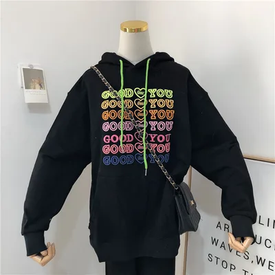 Korean Version Of The Spring New Heavy Industry Letter Embroidery Loose And Thin Trend Large Size Hooded Sweater Jacket Women Black - Shop at LoveMi