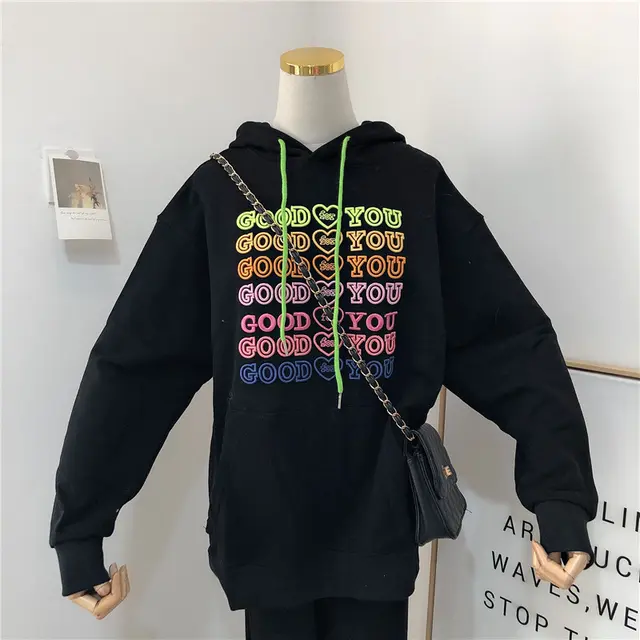 Korean Version Of The Spring New Heavy Industry Letter Embroidery Loose And Thin Trend Large Size Hooded Sweater Jacket Women Black - Shop at LoveMi