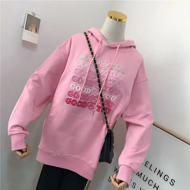 Korean Version Of The Spring New Heavy Industry Letter Embroidery Loose And Thin Trend Large Size Hooded Sweater Jacket Women Pink - Shop at LoveMi