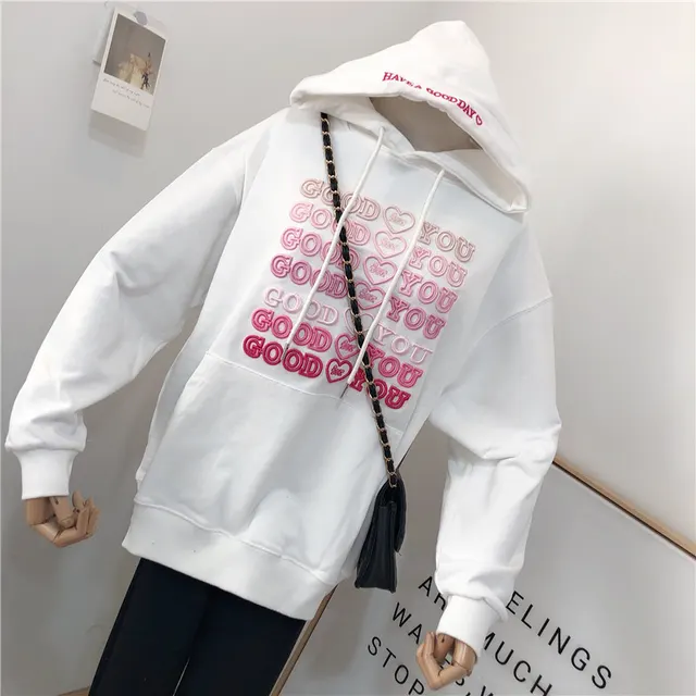 Korean Version Of The Spring New Heavy Industry Letter Embroidery Loose And Thin Trend Large Size Hooded Sweater Jacket Women White - Shop at LoveMi