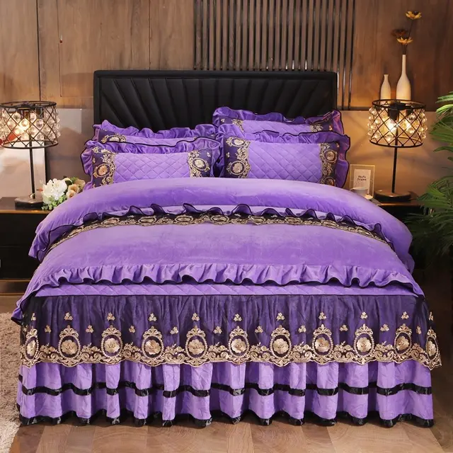 Lace Bedskirt Bedclothes Mattress Cover Bedspread Pillowcases Home Textiles Purple - Shop at LoveMi