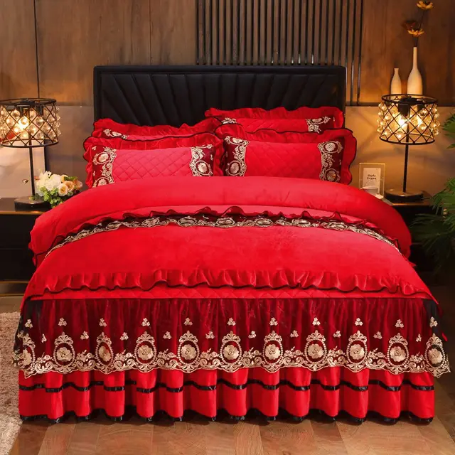 Lace Bedskirt Bedclothes Mattress Cover Bedspread Pillowcases Home Textiles Red - Shop at LoveMi