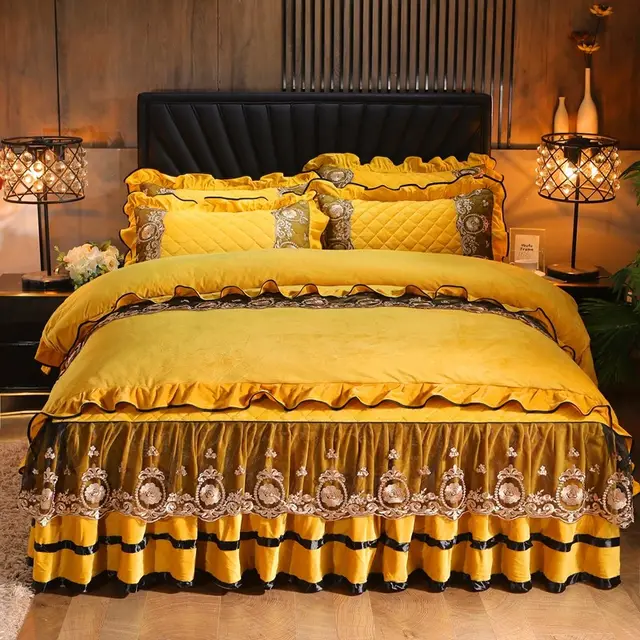 Lace Bedskirt Bedclothes Mattress Cover Bedspread Pillowcases Home Textiles Yellow - Shop at LoveMi