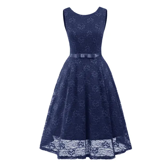 Round Neck Sleeveless Sexy Lace Large Length Dress Bridesmaid Dress Dark Blue - Shop at LoveMi