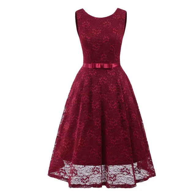 Round Neck Sleeveless Sexy Lace Large Length Dress Bridesmaid Dress Red Wine - Shop at LoveMi