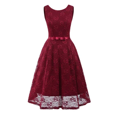 Round Neck Sleeveless Sexy Lace Large Length Dress Bridesmaid Dress Wine - Shop at LoveMi
