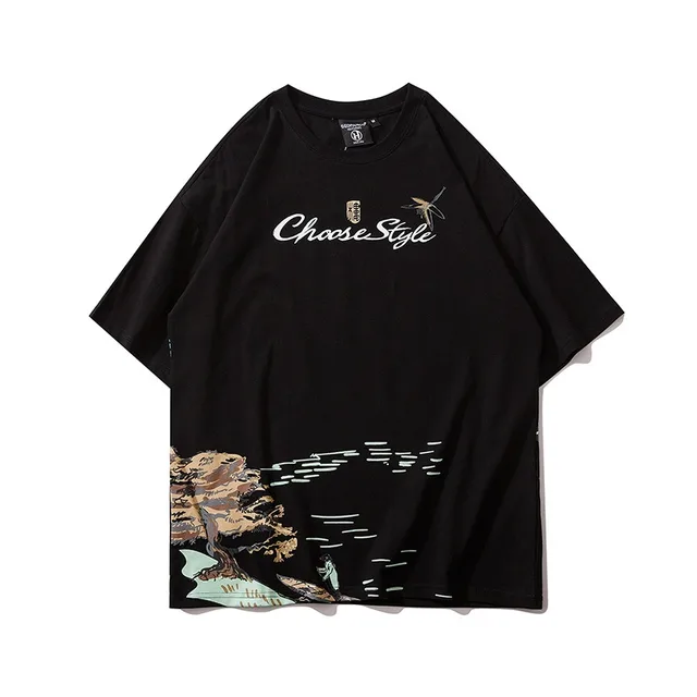 Elements Landscape Painting Leisure Cotton Short Sleeves Black - Shop at LoveMi