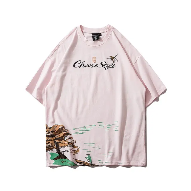 Elements Landscape Painting Leisure Cotton Short Sleeves Pink - Shop at LoveMi
