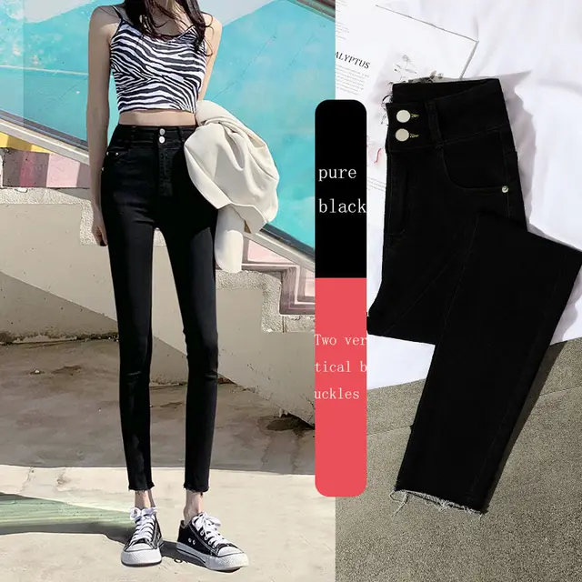 New Spring High Waist Jeans Women's Pants Tight Fitting Slim Slim Black Nine Point Pants Pure Black Vertical Two Buckle - Shop at LoveMi