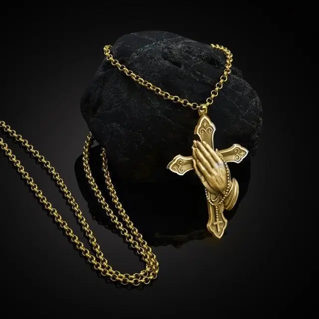Vintage Silver Metallic Cross Pendant Necklace Men Women's Classic Hand Set Prayer Necklace Jewelry Yellow Gold With Chain - Shop at LoveMi