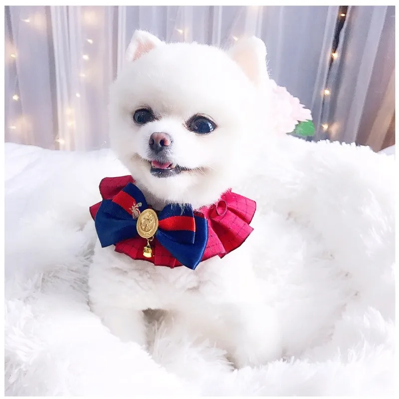 Pet Cat Dog Accessories British Retro Campus Trend Bow Tie Collar Bib Bell Saliva Towel Collar - Gold
