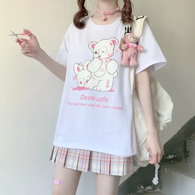 Japanese Original Bad Bear Rabbit Print Summer New Soft Girl Sweet And Loose Cotton Short Sleeved T shirt Female Top As Shown - Shop at LoveMi