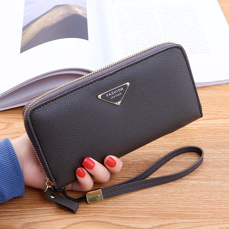 Casual Single Pull Ladies Wallet Lychee Pattern Large Capacity Ladies Handbag Clutch Grey - Shop at LoveMi