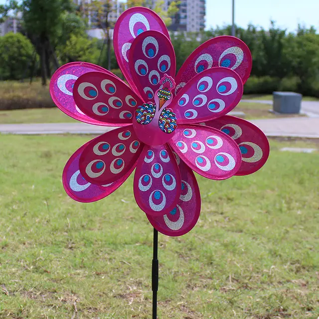 Outdoor Garden Decoration Children's Educational Toys Double Large Peacock Laser Sequin Windmill Rose Red - Shop at LoveMi